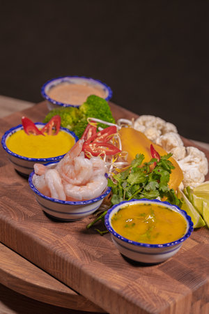 Cooking a dish, vegetables with shrimp and saucesの写真素材