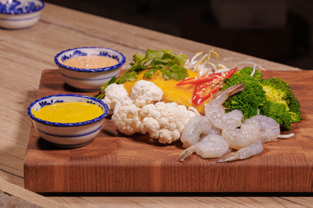Cooking a dish, vegetables with shrimp and saucesの写真素材