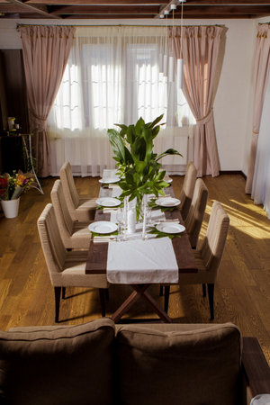 Festive table decorations, beautiful table setting for guestsの写真素材