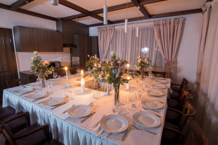 Decorative elements for festive events, home decorations. Festive table decorations, flowers and tablewareの写真素材