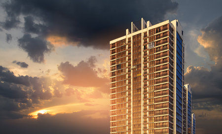 Modern buildings, walls and windows, reflections and sun rays. City view on a sunny day.の写真素材