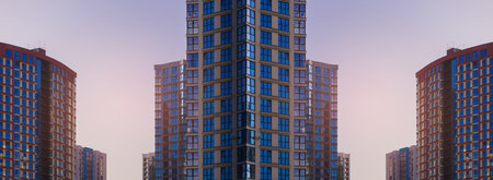 City view on a sunny day. Modern buildings, walls and windows.の写真素材