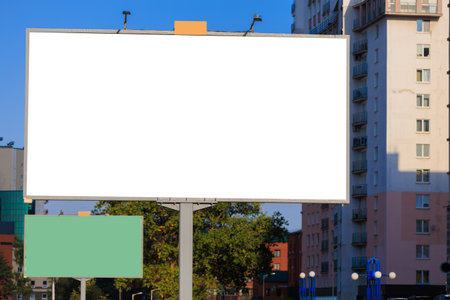 Background for design, white billboards on city streets and along roads in the summer dayの写真素材