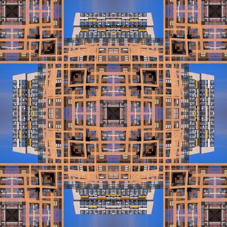 Abstract pattern, multi-colored kaleidoscope from photos modern buildings and housesの写真素材