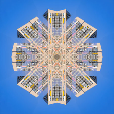 Abstract pattern, multi-colored kaleidoscope from photos modern buildings and housesの写真素材