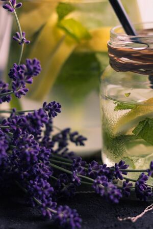 detail of a fresh lemonade accompanied by aromatic lavenderの写真素材