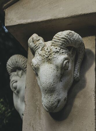 Stone decorative ram heads Ornamental animal heads nestled in a wallの写真素材