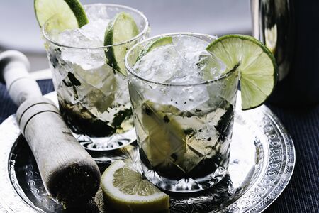 Close-up of cocktail with mojito ingredients and lots of crushed iceの写真素材