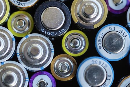 Macro of spent colored batteries. Recycling process conceptの写真素材