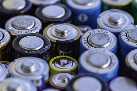 Macro of spent colored batteries. Recycling process concept.の写真素材
