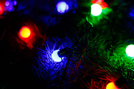 New Years blurred background with light lamps on fir spruce branch. Colored round light. Flashlight in the dark. Texture fir. Festive mood. Holiday dark night background. Selective focus.の写真素材