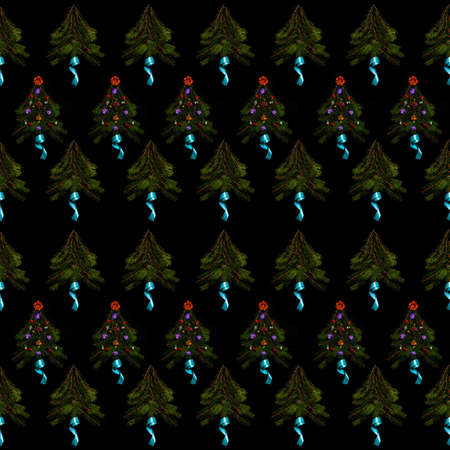 Pattern of Christmas trees on a black background, photography. Repeating elements of Christmas trees...