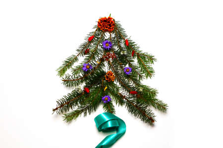 Christmas tree made of spruce branches and flowers and turquoise ribbon. Flat lay. Holiday concept. Eco, organic, nature. Horizontal, white background. Selective focus.の写真素材