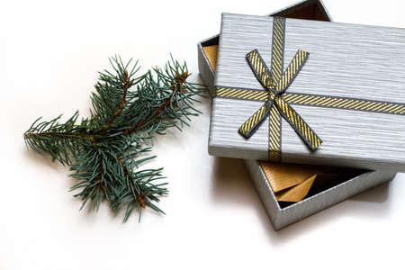 Gray gift box open on a white background.Christmas background. Fir spruce pine branches. Craft envelope inside. Selective focus.の写真素材