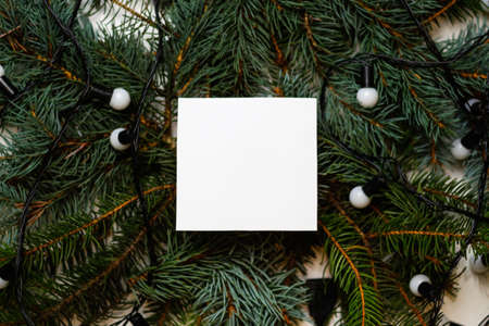 Defocus blank white card on natural christmas background with white lamps. Creative layout made of...