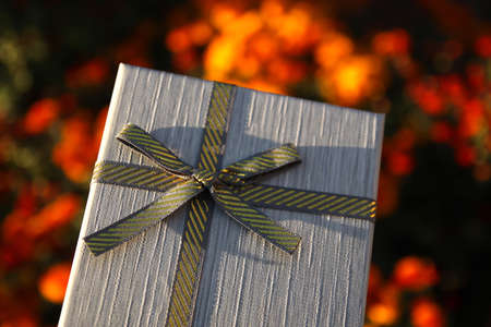Wrapped vintage gift box with ribbon bow on natural orange background. Present box. Holiday concept. Festive backdrop. Floral background.の写真素材