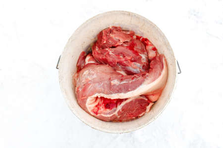 Defocus texture or background of tasty fresh meat of big, pork on white background. Red beef meat close up. Meat food background. fresh meat. Ukrainian salo. tradition meal. Pork meat. out of focus.の写真素材