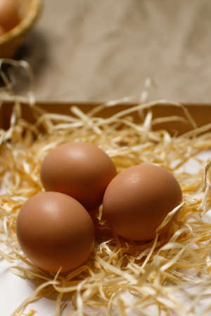Closeup rustic eggs on hay background. Easter craft box with brown eggs on eco background. Chicken...