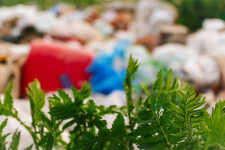 Defocus blurred huge landfill of garbage. Concept of ecology. Large garbage pile on nature green...