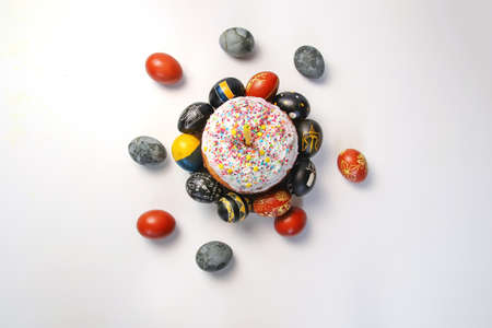 Defocus blue eggs. Close up Easter eggs pastel colored on white background. Minimal Easter celebration concept. Design, visual art, minimalism. Balance and harmony concept. Mental health.Out of focus.の写真素材