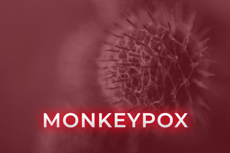 Monkeypox virus. Red background. Outbreak concept. Virus transmitted to humans from animals. Monkeys may harbor the virus and infect people. New pandemic. Word monkeypox. Blurred. Molecular.の写真素材