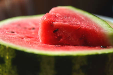 Defocus bright watermelon. Close-up of fresh slice red watermelon. Slices of water melon. Ukraine,...