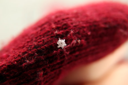 Defocus snowflake on a dark red background. Beautiful Macro snowflake, everyone is different....