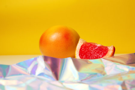 Defocus whole and piece of a red grapefruit on yellow background and modern foreground. Healthy food...