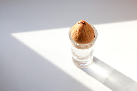 Defocus avocado pit in water on a minimal white background. Side view in a warm sunset light setup with shadow. Copy space. Out of focus.の写真素材