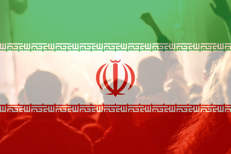 Defocus protest in Iran. Conflict war over border. Fire, flame. Country flag. Woman low rights. Out of focus.の写真素材