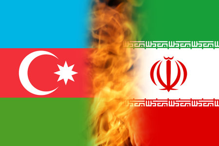 Defocus of flag background, Iran and Azerbaijan relationship in crisis, Azerbaijan's relations with Iran. War Russia. Out of focus.の写真素材