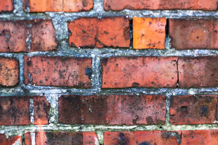 Defocus brick wall of red color, wide panorama of masonry. Background of old vintage dirty brick...