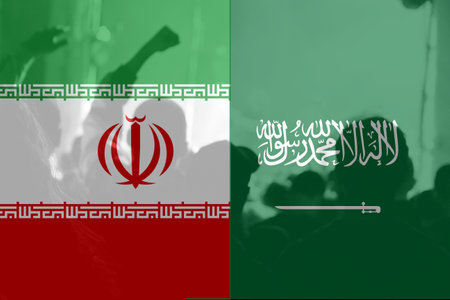 Defocus war between Iran and Saudi Arabia. National flag of iran and saudi arabia. Concept of a Conflict between Saudi Arabia and Iran with flags. Male protests. Freedom. Out of focus.の写真素材