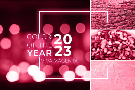 Defocus blurred abstract red bokeh background. Color of the year 2023. Viva magenta tint. Festive spotted glitter background. Blurry music performance in rock band concert. Light holiday Out of focus.の写真素材
