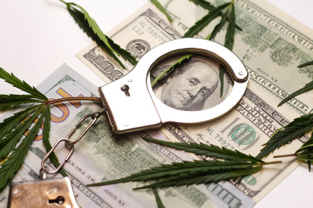 Defocus cannabis with money. Commercial cannabis medicine money. The concept of selling marijuana, hemp, drugs. Out of focus.の写真素材