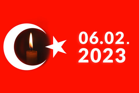 Turkey Earthquake, February 6, 2023. Mournful banner. The Epicenter of the earthquake in Turkey. Pray for Turkey. A bright burning candle on the background of the Turkish flag. Border.の写真素材