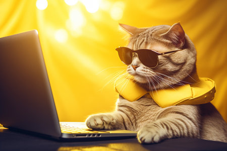 Cute grey cat looking at laptop in glasses on yellow background. Summer mood. Funny cat working on the laptop. AI generated.の素材