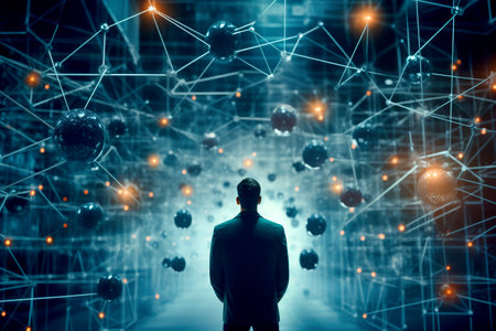 Business technology concept, Professional business man walking on future network city. Back view of man. AI generated.の素材