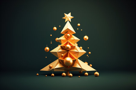 Christmas tree. Minimalistic style. Simple Christmas background. Xmas border. Golden and dark green color. AI generated.の素材