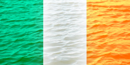 Ireland waving flag. Banner for design. Copy space. Protests Dublin. Symbol of irish nation. Demonstration. Out of focusの写真素材