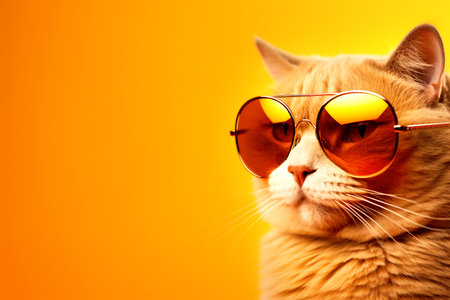 Closeup portrait of funny red cat wearing sunglasses on orange background. Copy space. Border for design. AI generated.の素材