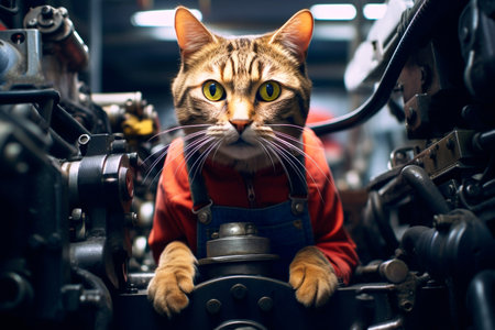 Cat auto mechanic. Auto mechanic working in garage. Repair service. Technic occupation. AI generated.の素材