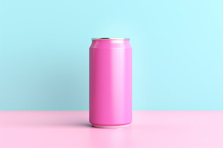 Falling pink aluminum soda cans isolated over minimal blue background. Mockup template. AI generatedの素材