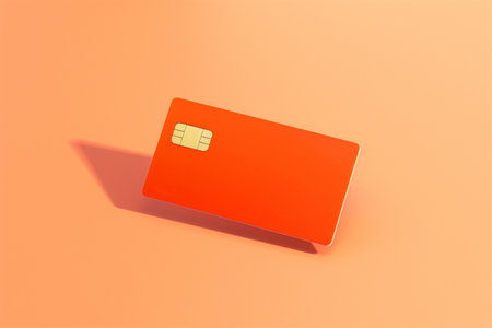 Orange money card levitation on pastel background. Levitating orange money card on a soft pastel backdrop. Floating orange payment card. AI generation.の素材