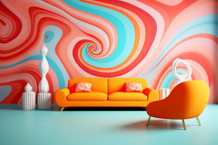 Colorful interior with orange sofa and pink and blue walls. Retro armchairs in a vibrant living room interior with clay statues. AI generated.の素材