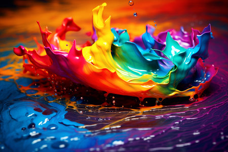 Close-up of a paintbrush with vibrant splashes of colorful paint, illustrating artistic creativity. Abstract composition, colorful paint splashes, highlighting artistic expression.の素材