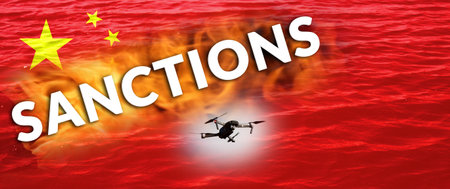 China sanctions. Banner sky with China flag drones. Warfare technology in China flag.の写真素材