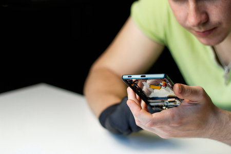 Man repair phone. Close up. Phone repair service, technical assistance, device maintenance, customer...