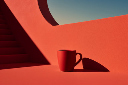 Red mug with coffee on the red sunny background. Modern design of coffee shop concept. Tea cup shadow.の素材