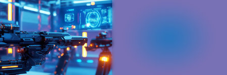 A futuristic military-themed banner featuring a high-tech machine gun in a virtual reality, VR, environment. military simulations, VR games, and defense technology concepts.の素材